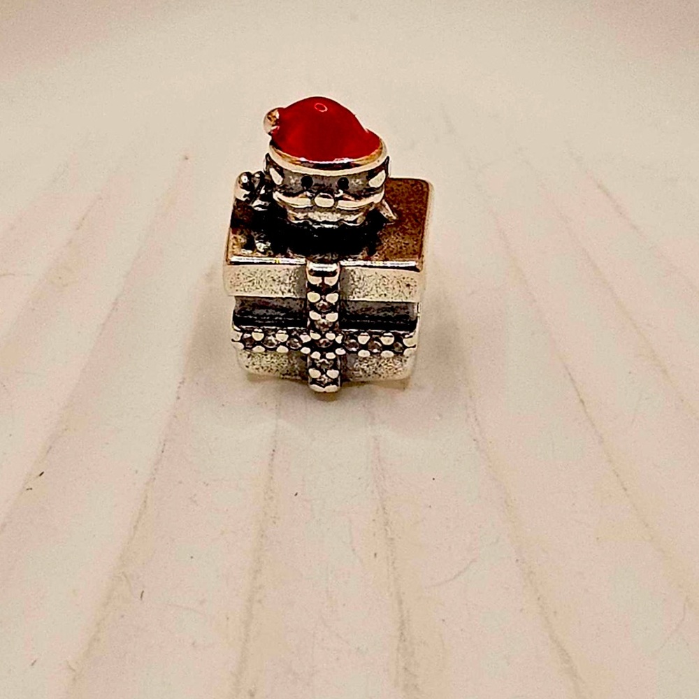 🎅 Sterling Silver Christmas Gift Box Charm with Red Santa Hat – Holiday Jewelry